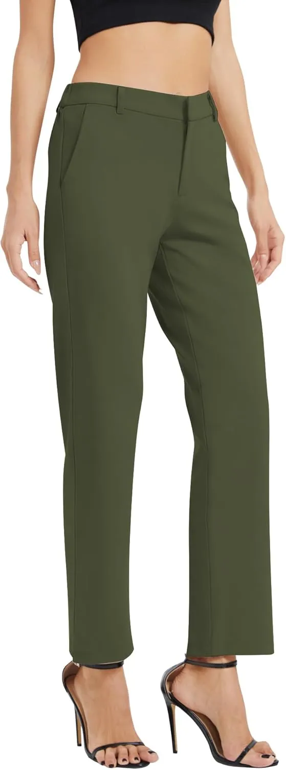 Women's Elastic Waisted Pants Business Work Casual Straight Leg Slacks with Pockets