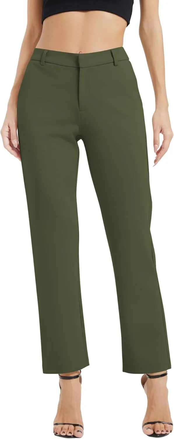 Women's Elastic Waisted Pants Business Work Casual Straight Leg Slacks with Pockets