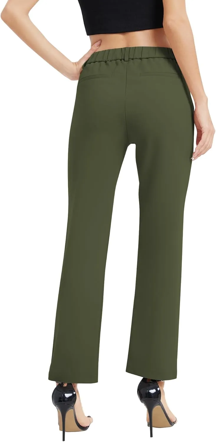 Women's Elastic Waisted Pants Business Work Casual Straight Leg Slacks with Pockets