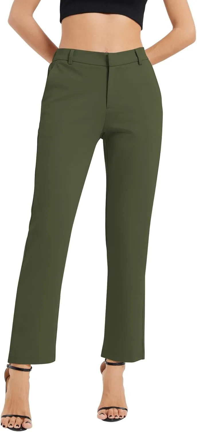 Women's Elastic Waisted Pants Business Work Casual Straight Leg Slacks with Pockets