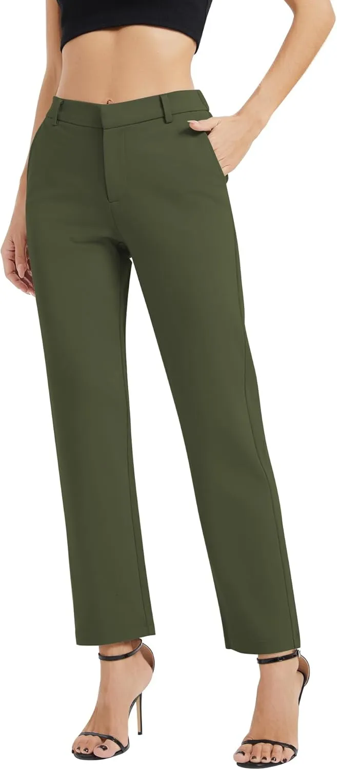 Women's Elastic Waisted Pants Business Work Casual Straight Leg Slacks with Pockets