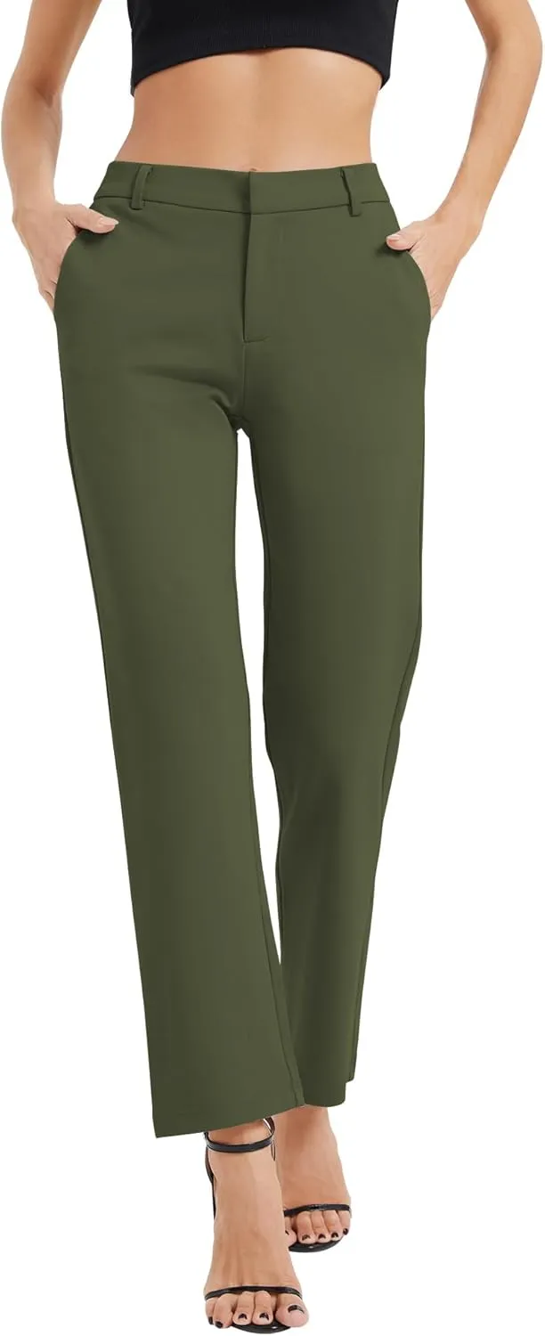 Women's Elastic Waisted Pants Business Work Casual Straight Leg Slacks with Pockets