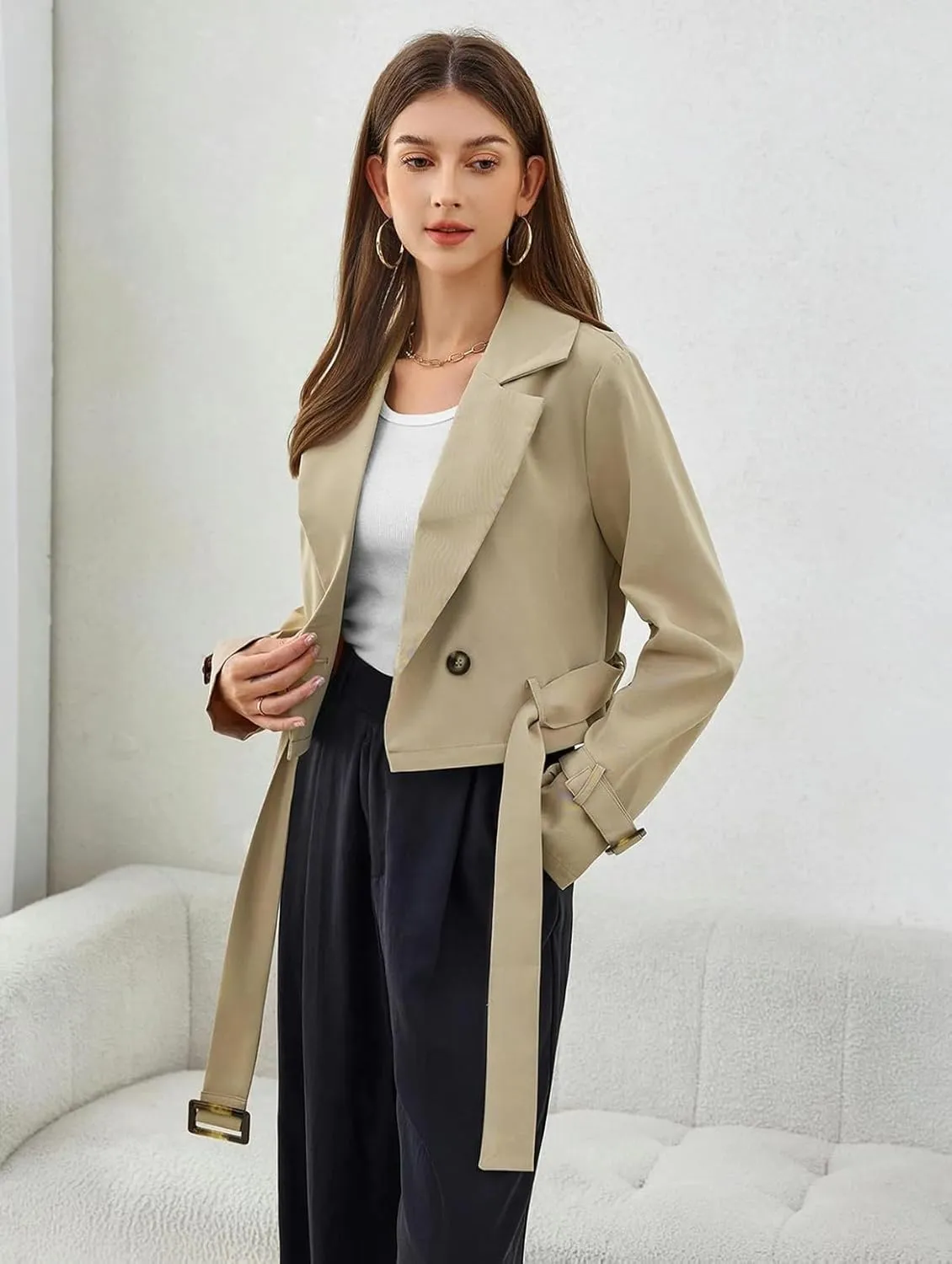 Womens Fall Winter Cropped Trench Coat Raglan Long Sleeve Work Office Casual Crop Jacket with Belt