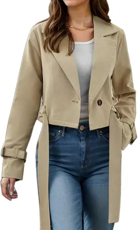 Womens Fall Winter Cropped Trench Coat Raglan Long Sleeve Work Office Casual Crop Jacket with Belt