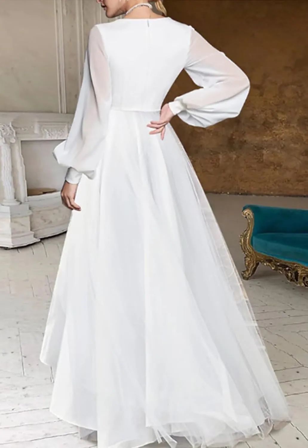 Womens Long Sleeves Tea Length Wedding Dresses for Bride Chiffon V Neck A Line Bridal Gown for Women