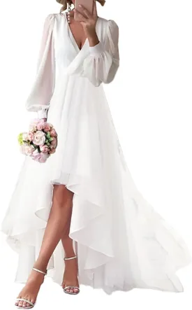 Womens Long Sleeves Tea Length Wedding Dresses for Bride Chiffon V Neck A Line Bridal Gown for Women