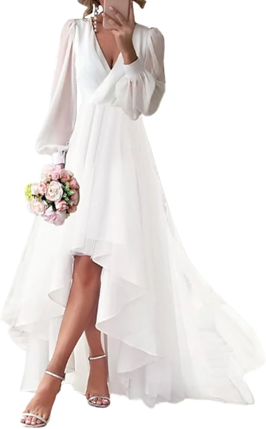 Womens Long Sleeves Tea Length Wedding Dresses for Bride Chiffon V Neck A Line Bridal Gown for Women