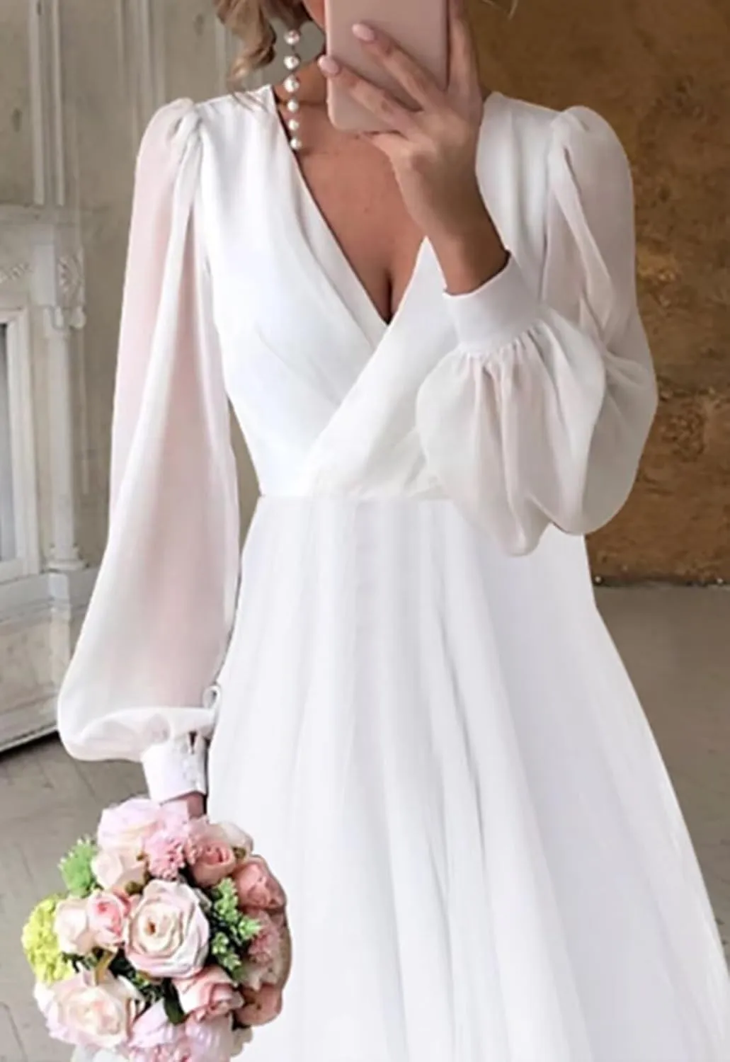 Womens Long Sleeves Tea Length Wedding Dresses for Bride Chiffon V Neck A Line Bridal Gown for Women