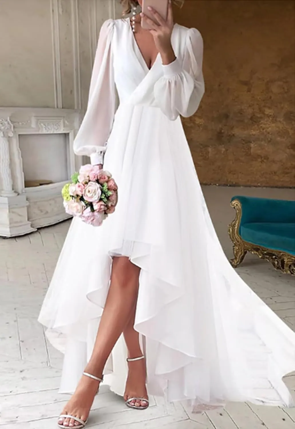 Womens Long Sleeves Tea Length Wedding Dresses for Bride Chiffon V Neck A Line Bridal Gown for Women