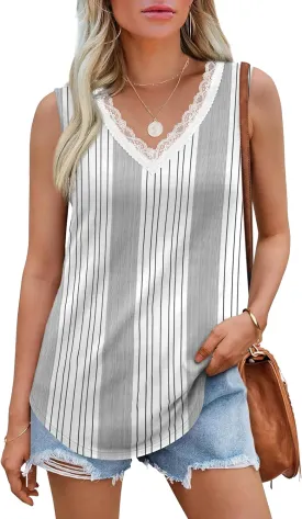 XIEERDUO Womens Lace V Neck Tank Tops Summer Spring Sleeveless Shirts Casual Flowy Clothes Trendy Outfits (S-3XL)
