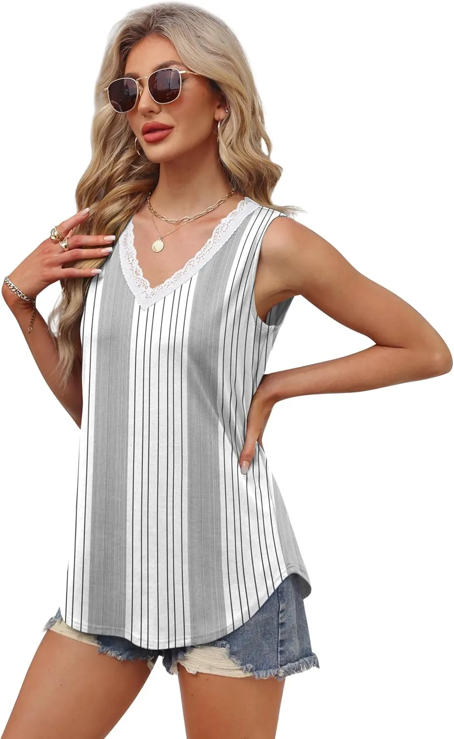 XIEERDUO Womens Lace V Neck Tank Tops Summer Spring Sleeveless Shirts Casual Flowy Clothes Trendy Outfits (S-3XL)