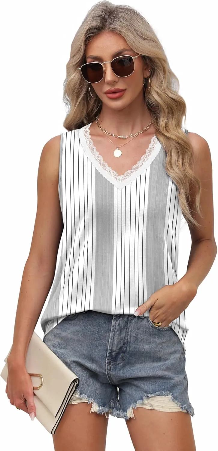 XIEERDUO Womens Lace V Neck Tank Tops Summer Spring Sleeveless Shirts Casual Flowy Clothes Trendy Outfits (S-3XL)