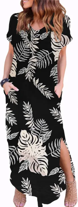 Zilcremo Women Summer Casual Maxi Dress Loose Pockets Short Sleeve Split Boho Dresses Apricot