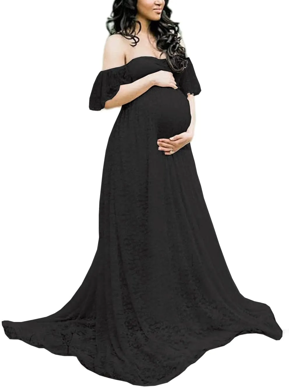 ZIUMUDY Photography Maternity Dress Off Shoulder Lace Baby Shower Pregnant Wedding Dress