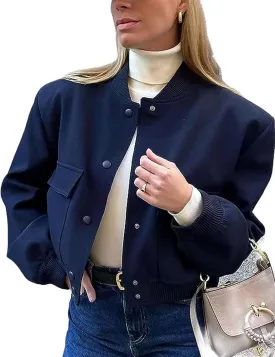 Zontroldy Women's Cropped Casual Long Sleeve Varsity Jacket Bomber Jackets Y2k Streetwear Shacket with Pockets